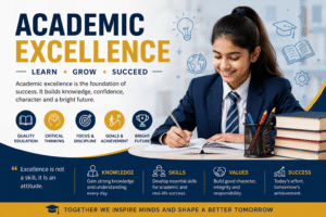 Academic excellence poster showing a student studying with books, educational icons, and messages promoting quality education, critical thinking, discipline, achievement, and future success.