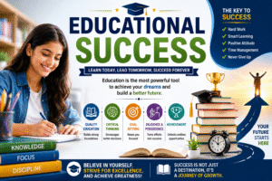 Educational success banner featuring a student studying, books, graduation symbols, achievement icons, and motivational messages about learning, academic growth, and future success.
