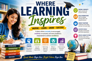 Where Learning Inspires educational poster featuring a student studying, books, graduation cap, globe, and learning icons representing knowledge, creativity, leadership, confidence, and achievement.