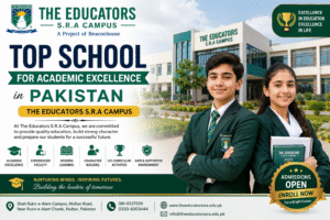 Top School for Academic standing in front of campus building representing academic excellence and quality education in Pakistan